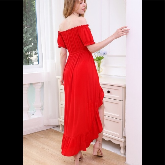 Red off the shoulder button down maxi dres… - Picture 5 of 5
